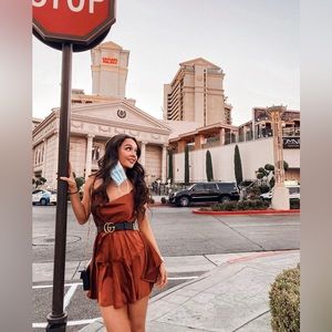 SELFIE LESLIE
AGENT 99 BELTED SATIN COWL NECK DRESS BROWN